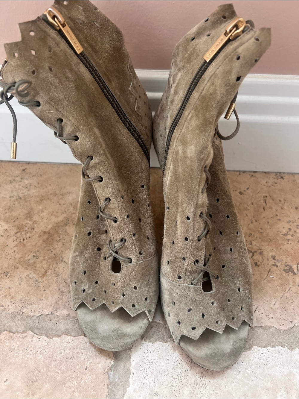 Jimmy Choo Peep-Toe Lace-Up Ankle Boots with Gold Zippers